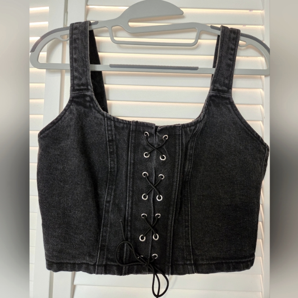 Black Lace-Up Denim Crop Top